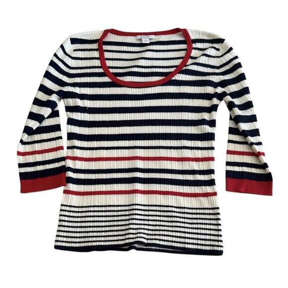 Ladies Navy Red Size L Knit 3/4 Sleeve Long Round Neck Sweater Stripe Dress Barn - Picture 1 of 8